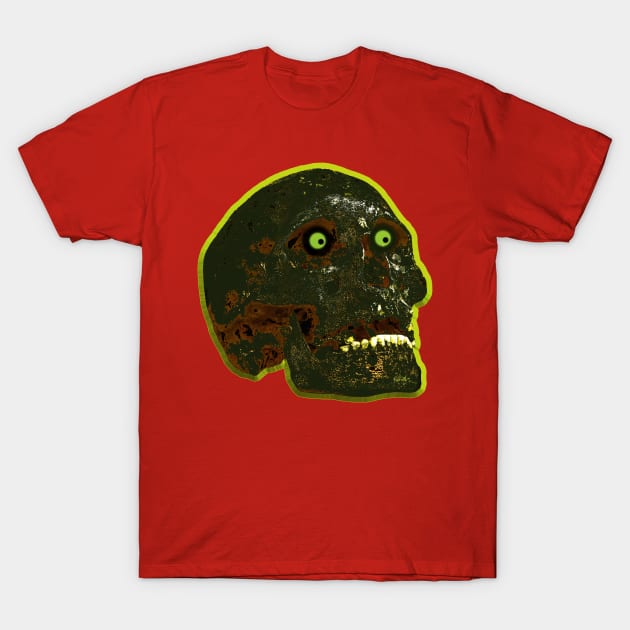 Burnt skull with glowing green eyes T-Shirt by dalyndigaital2@gmail.com